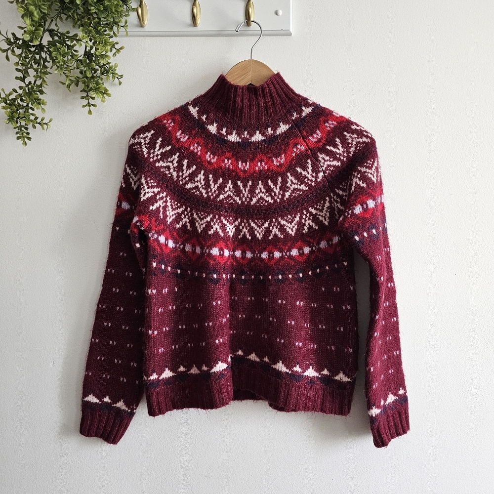 American Eagle Fair Isle Knit Mock Neck Wool Blend Burgundy Sweater – Size Small